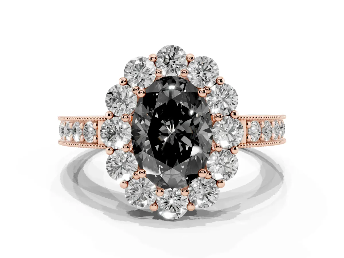 Fancy Black Oval Cut Cut Halo Diamond Pavé Engagement Ring with Milgrain Detailing Rose gold