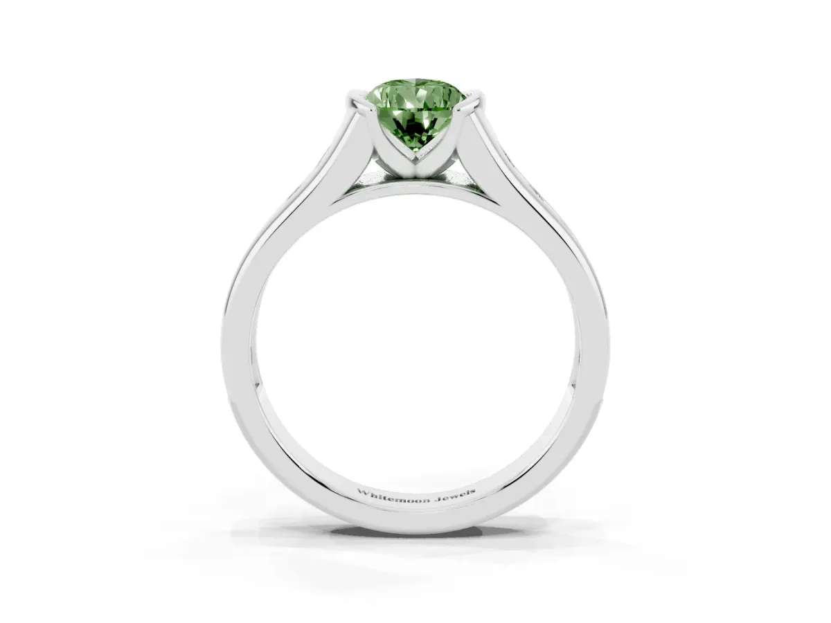 Fancy Green Pear Cut Solitaire Bezel-Set Diamond Ring with Channel-Set Band Silver