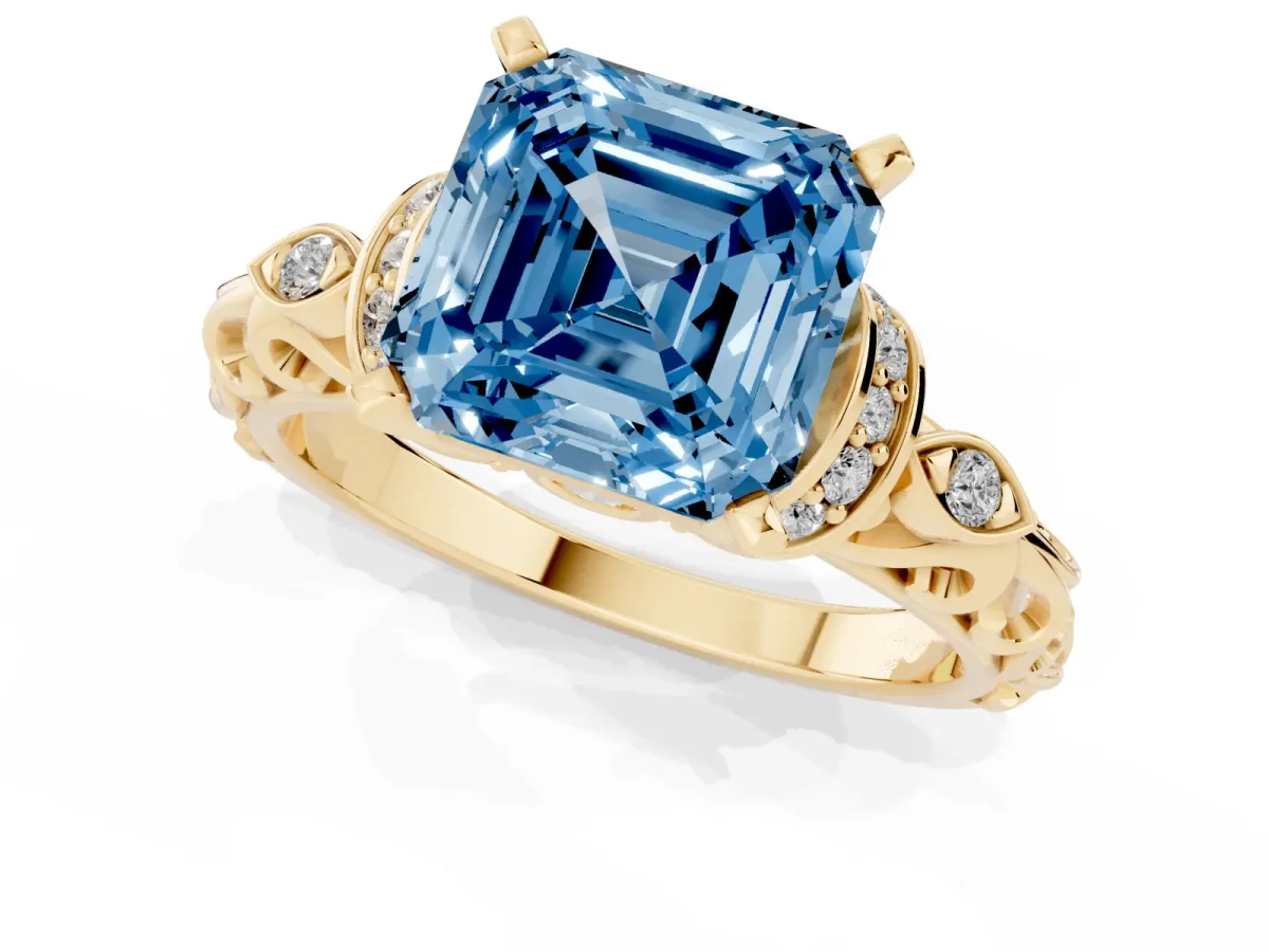 Fancy Blue Asscher Cut Diamond Solitaire Ring with Filigree Band and Four-Prong Setting Yellow gold