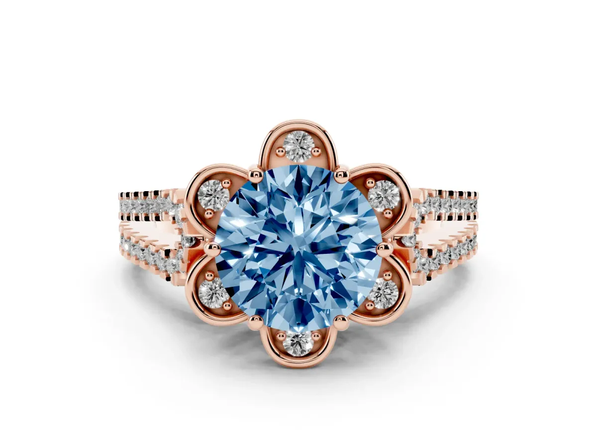Fancy Blue Round Cut Halo Diamond Floral Split Shank Engagement Ring Rose gold