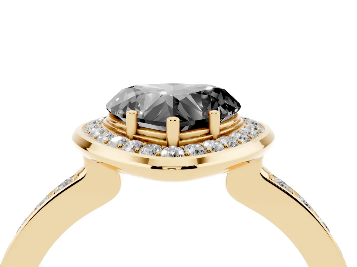 Fancy Black Heart Cut Diamond Halo Ring with Bezel Frame and Pavé Band Yellow gold