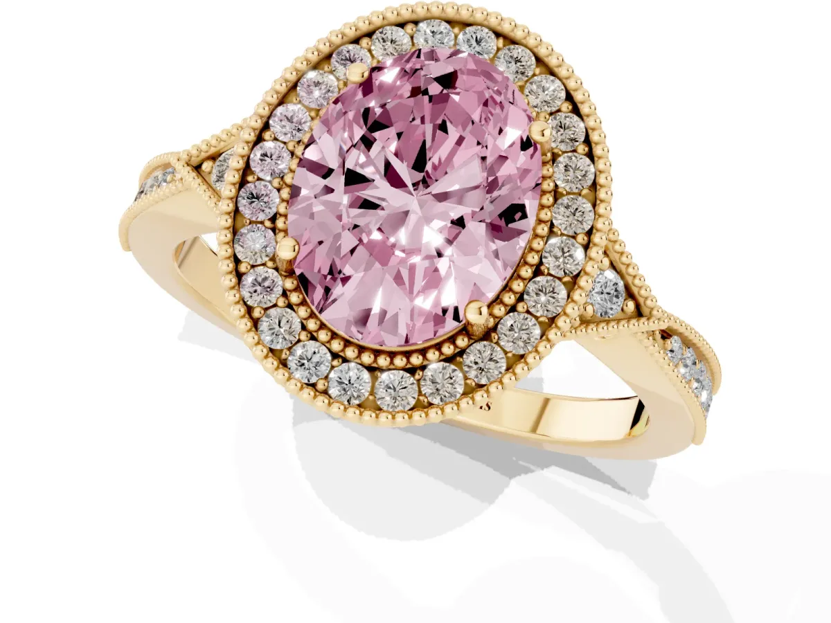 Fancy Pink Oval Cut Halo Round Diamond Milgrain Pave Engagement Ring Yellow gold