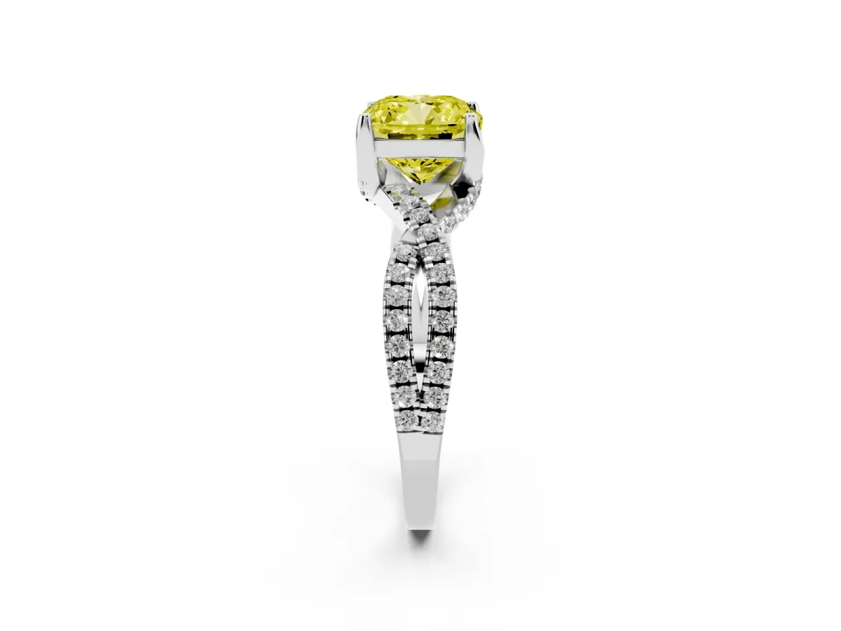 Fancy Yellow Cushion Cut Solitaire Twist Pave Diamond Engagement Ring with Prong Setting Silver