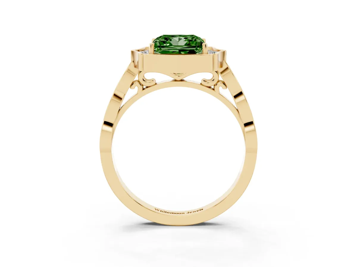Fancy Green Princess Cut Halo Diamond Engagement Ring with Milgrain Band and Four-Prong Setting Yellow gold