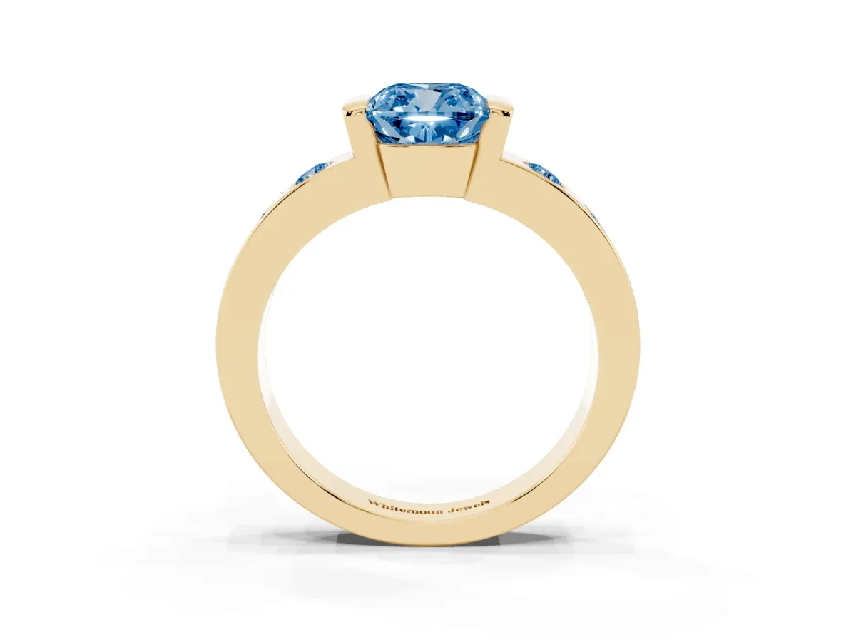 Fancy Blue Cushion Cut Brilliant Channel-Set Diamond Ring with Bezel Prong Setting Yellow gold