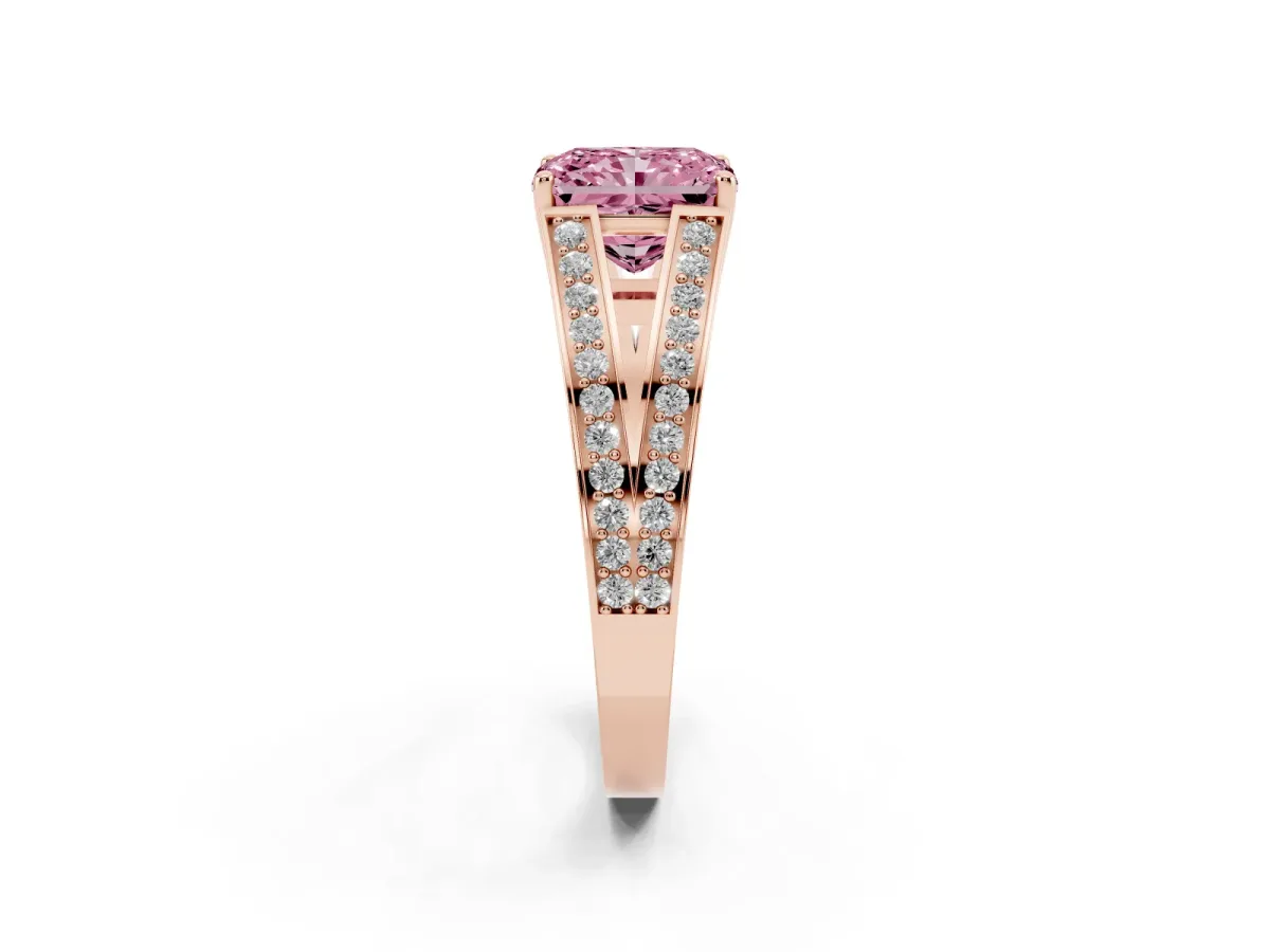 Fancy Pink Radiant Cut Diamond Split Shank Ring with Pavé Band and Four-Prong Setting Rose gold