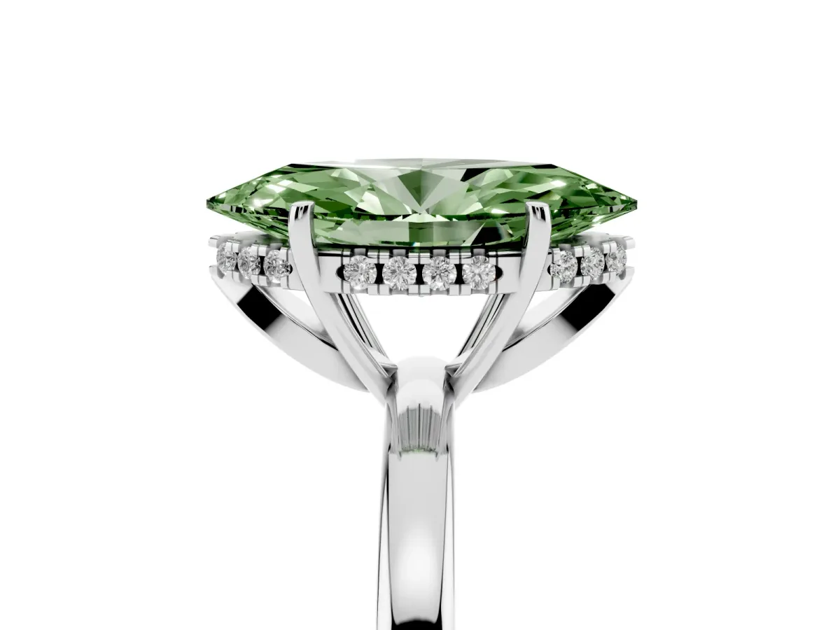 Fancy Green Marquise Cut Solitaire Diamond Ring with Prong Setting and Plain Band Silver