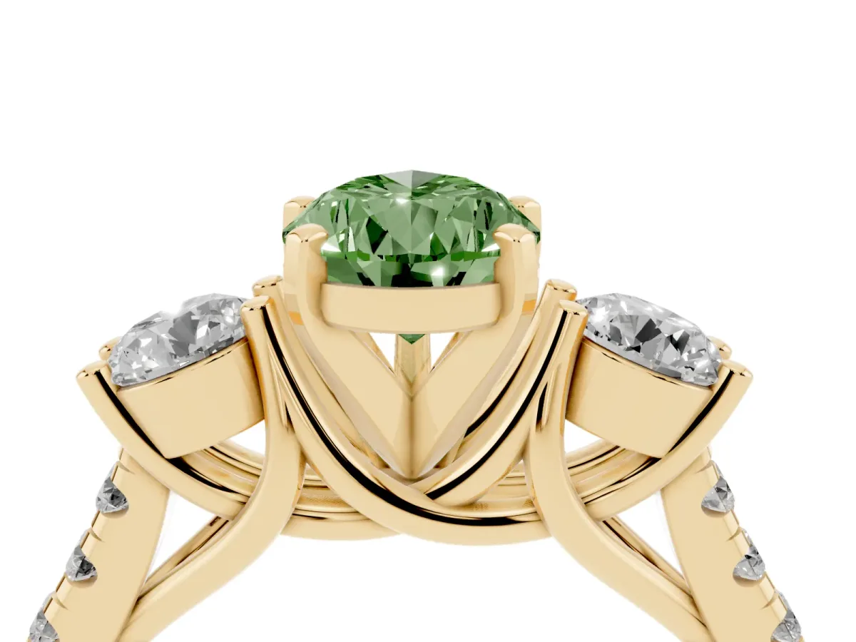 Fancy Green Three-Stone Pear Cut Diamond Pavé Band with Four-Prong Setting Yellow gold