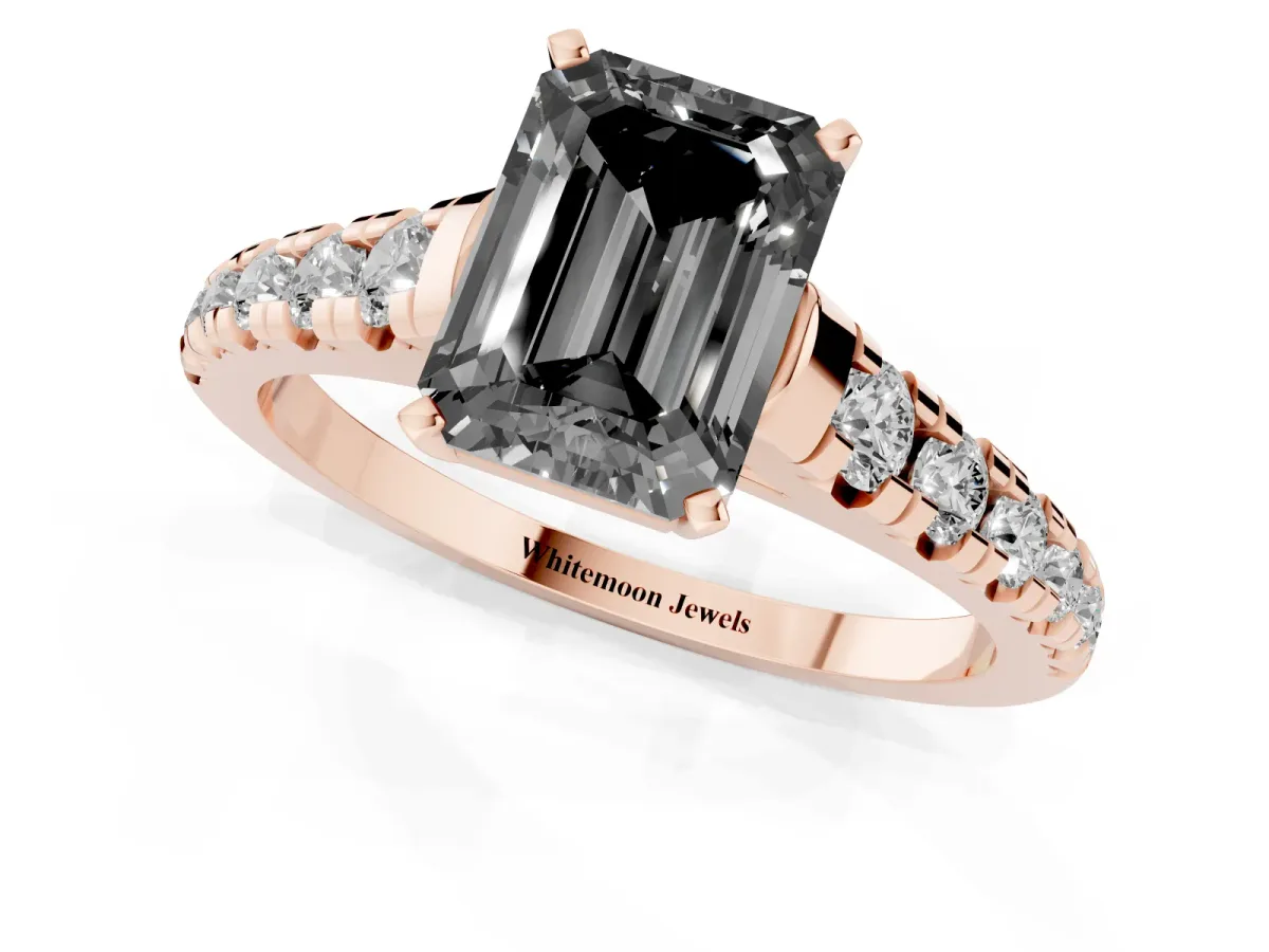 Fancy Black Emerald Cut Diamond Cathedral Solitaire Ring with Round Pavé Band Rose gold
