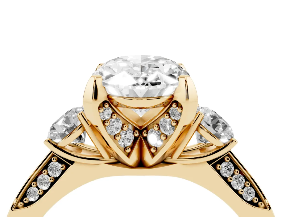 Oval Cut Brilliant Three-Stone Diamond Ring with Pavé Band and Four-Prong Setting Yellow gold