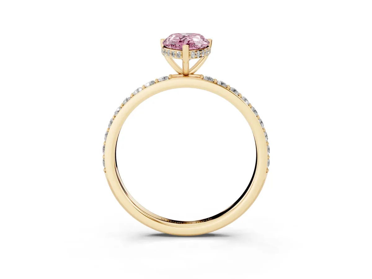 Fancy Pink Pear Cut Diamond Solitaire Ring with Pavé Band and Hidden Halo Yellow gold