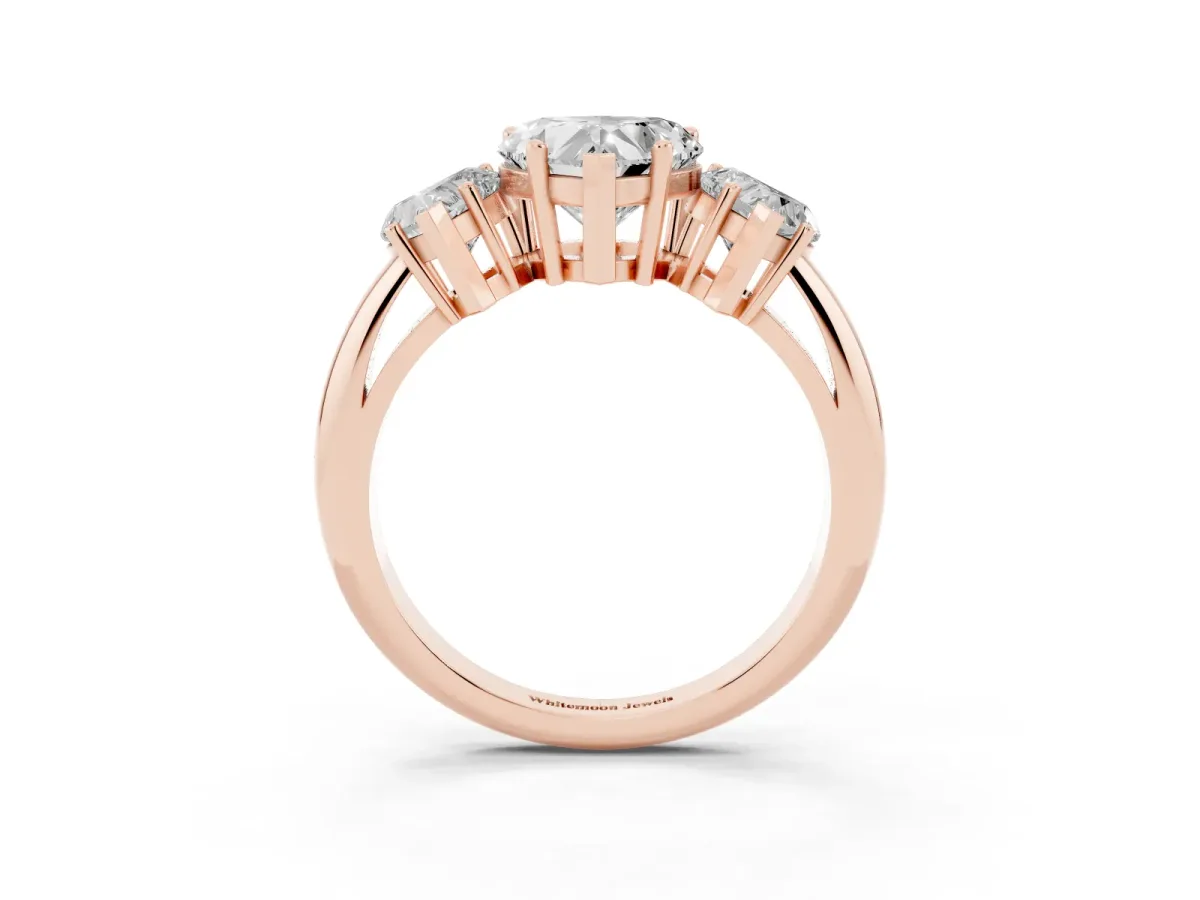 Three-Stone Heart Cut Cut Diamond Engagement Ring with Prong Setting on a White Gold Band Rose gold