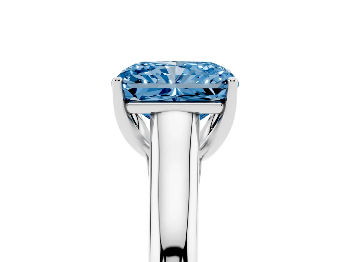 Fancy Blue Radiant Cut Solitaire Engagement Ring with Tapered Band and Four-Prong Setting Platinum