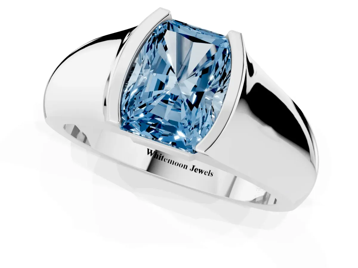 Fancy Blue Radiant Cut Solitaire Bezel Set Diamond Ring with Wide Band Platinum