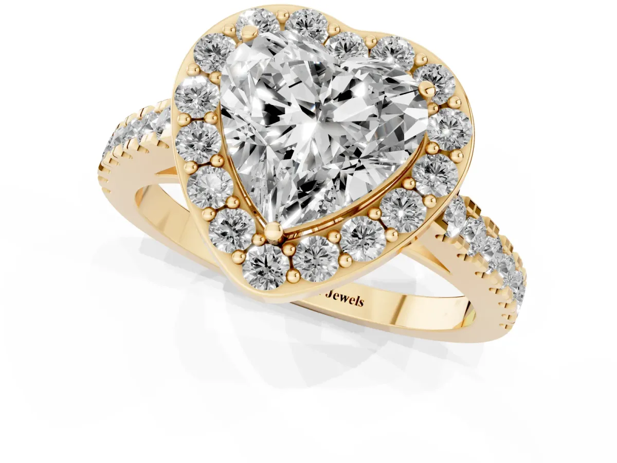 Heart Cut Diamond Halo Ring with Round Pavé Split Shank and Prong Setting Yellow gold