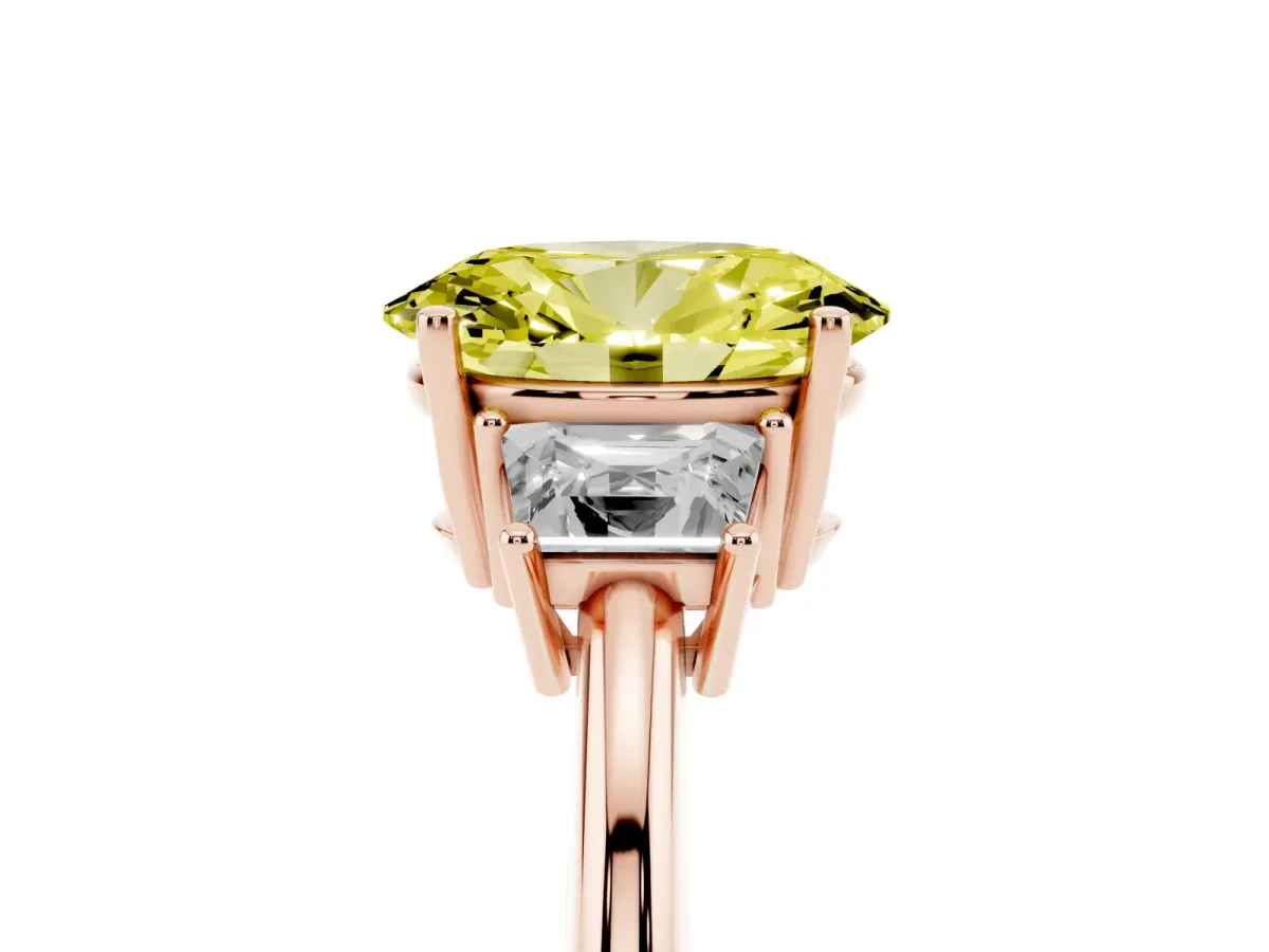Fancy Yellow Oval Cut Diamond Three-Stone Ring with Trapezoid Side Stones and Prong Setting Rose gold