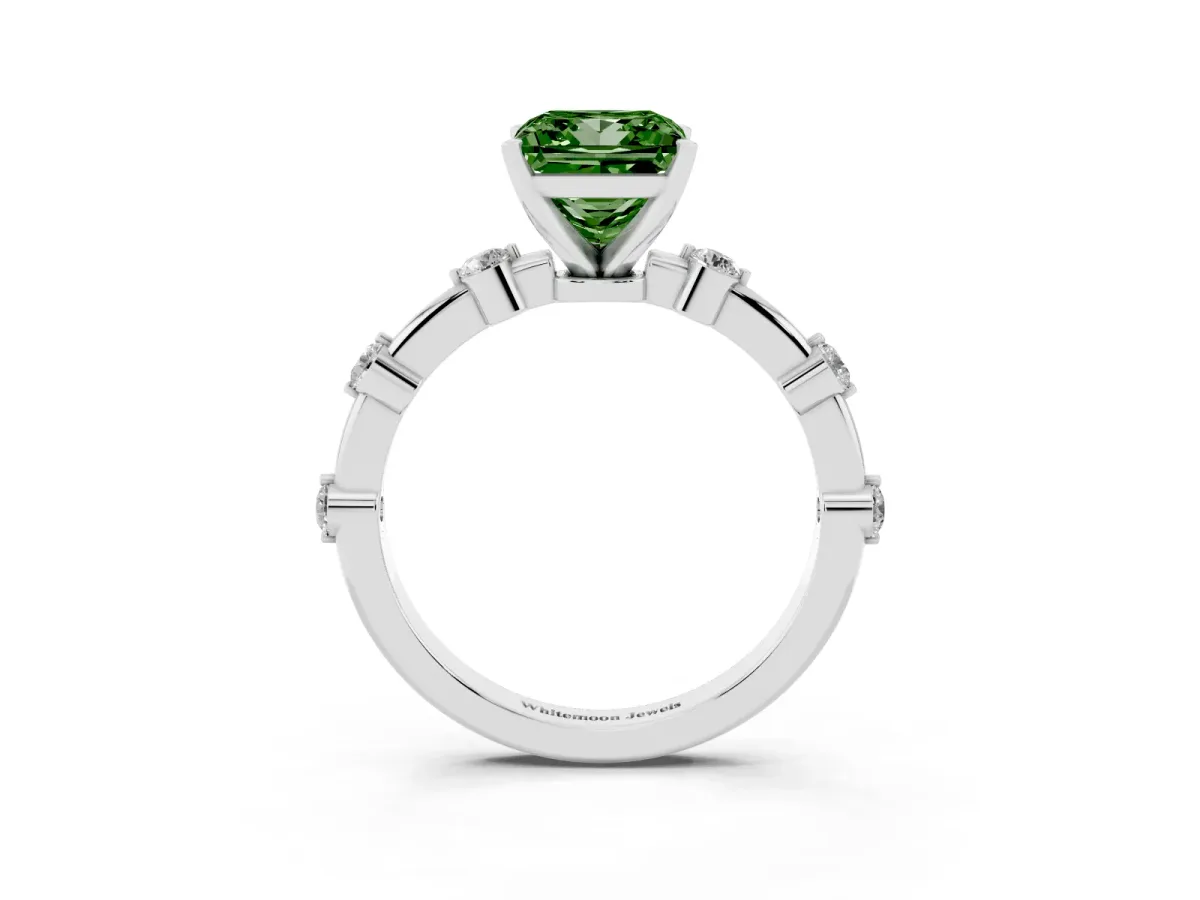 Fancy Green Princess Cut Solitaire Diamond Ring with Bezel Set Side Stones and Prong Setting Silver