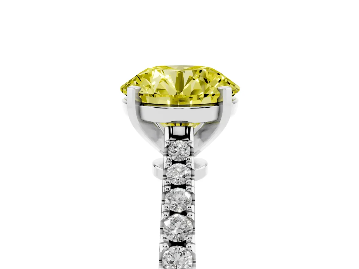 Fancy Yellow Round Cut Cut Solitaire Diamond Engagement Ring with Pave Band and Four-Prong Setting Platinum