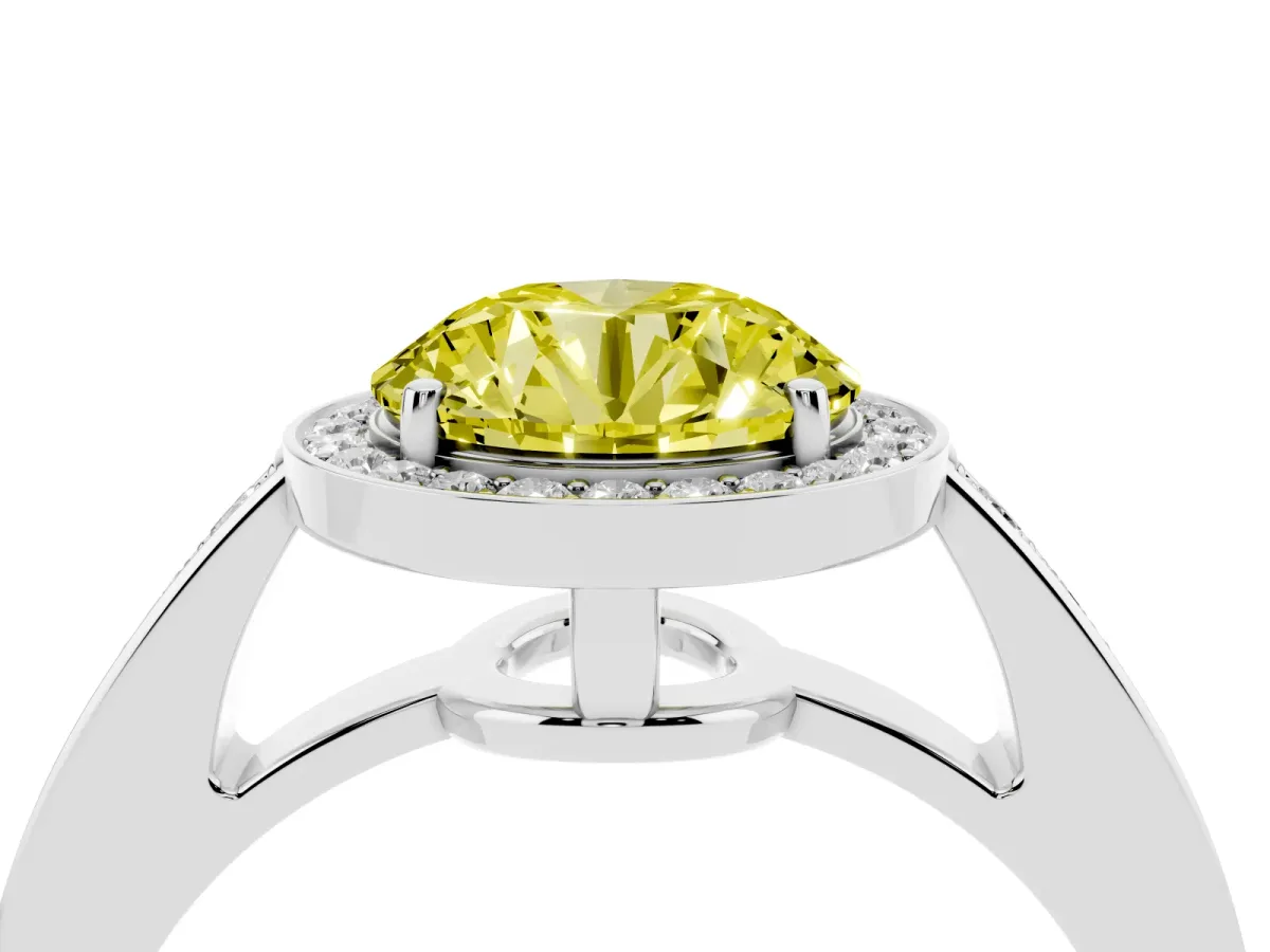Fancy Yellow Round Cut Halo Pavé Diamond Engagement Ring with Bezel Setting Silver