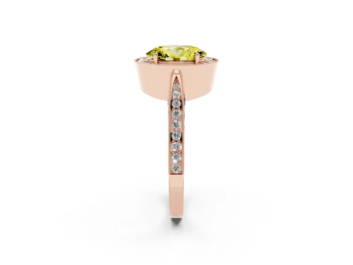 Fancy Yellow Oval Cut Halo Diamond Engagement Ring with Split Shank Band and Four-Prong Setting Rose gold