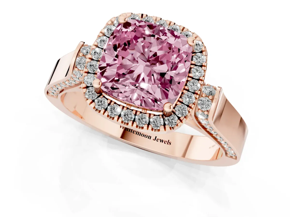 Fancy Pink Cushion Cut Halo Pave Split Shank Prong Setting Ring Rose gold