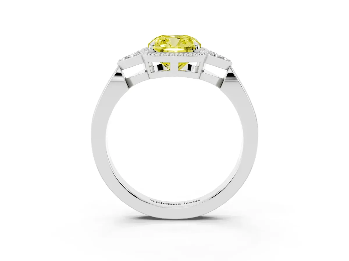 Fancy Yellow Hexagonal Halo Cushion Cut Diamond Solitaire with Pavé Band and Four-Prong Setting White gold
