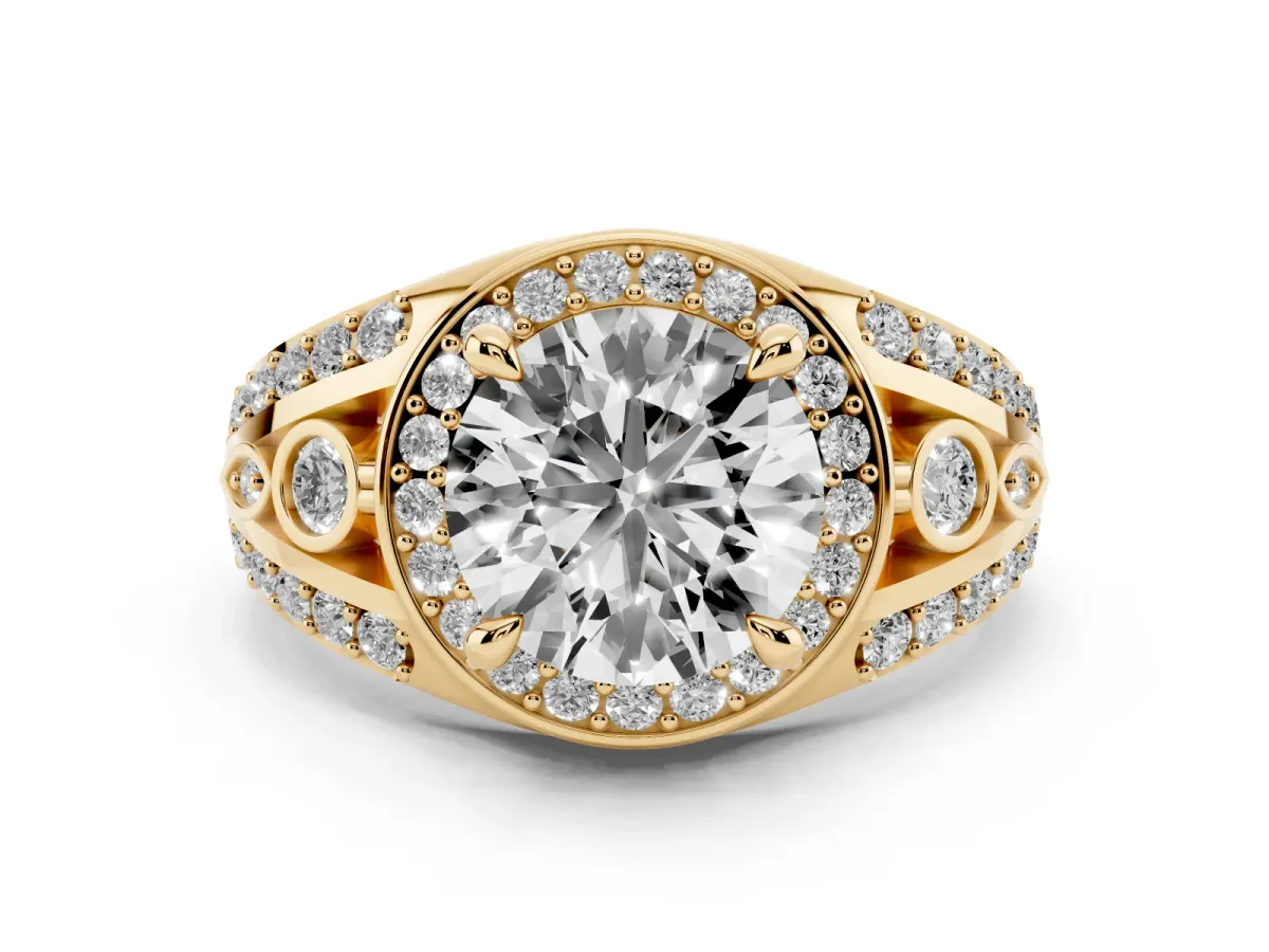 Round Cut Diamond Halo Ring with Split Shank and Bezel Accents and Four-Prong Setting Yellow gold