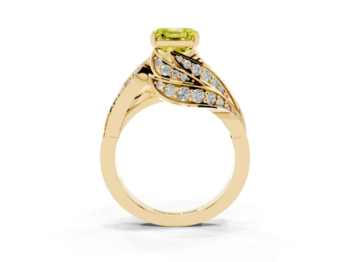 Fancy Yellow Asscher Cut Diamond Solitaire Ring with Prong Setting and Twisted Pavé Band Yellow gold