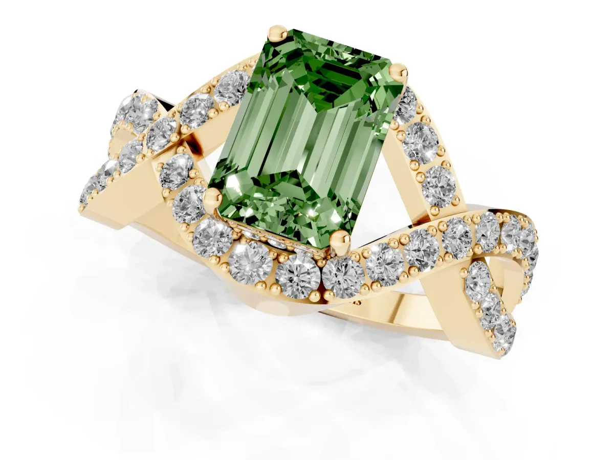 Fancy Green Emerald Cut Solitaire Twist Band Pavé Diamond Engagement Ring Yellow gold