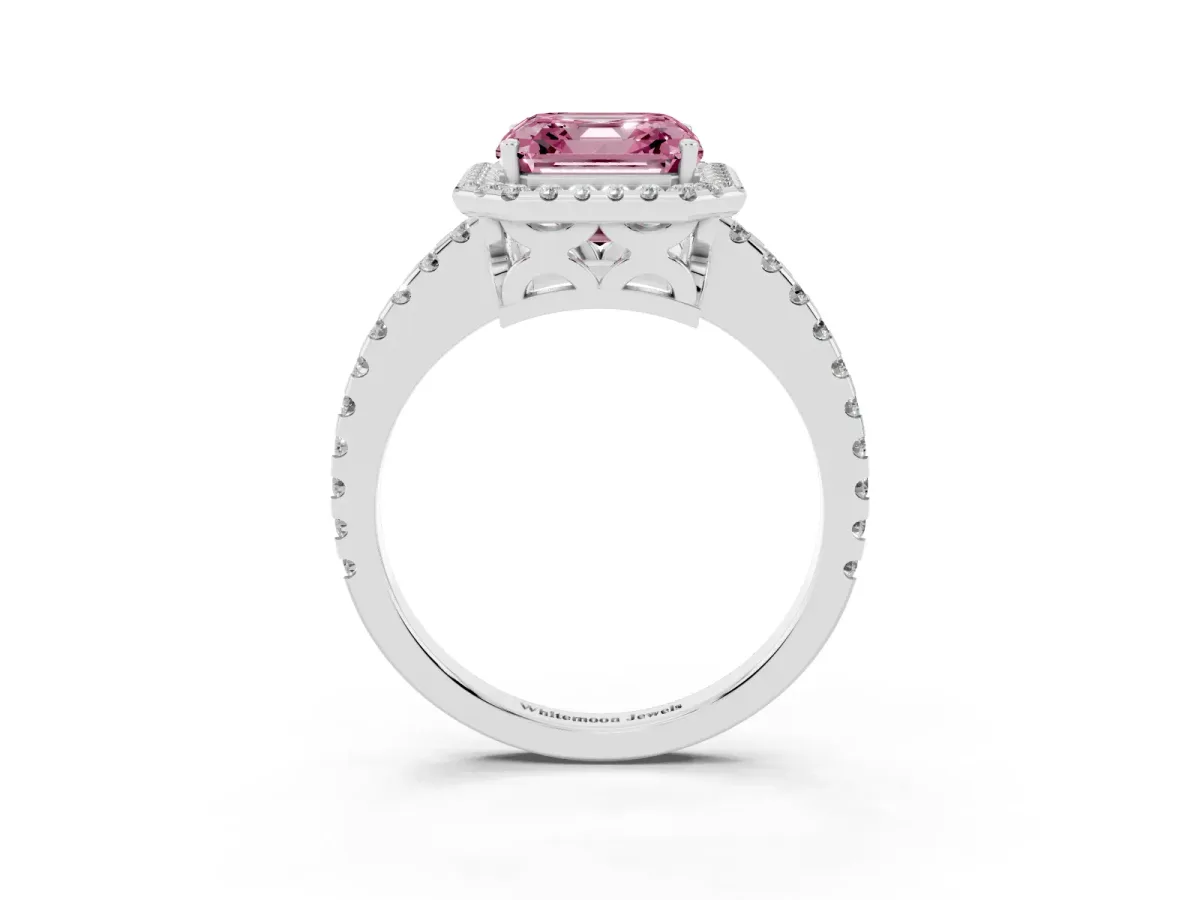Fancy Pink Asscher Cut Diamond Halo Engagement Ring with Pavé Band and Prong Setting White gold