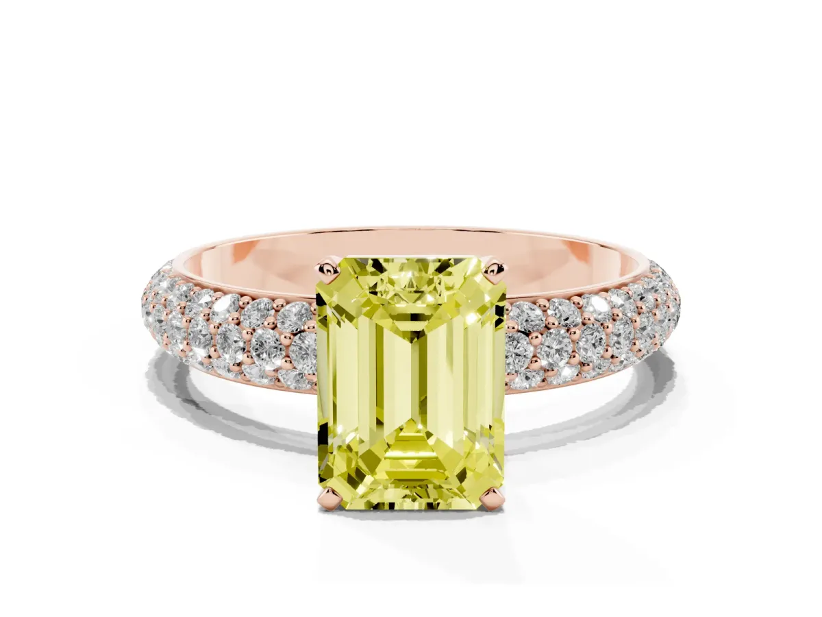 Fancy Yellow Emerald Cut Diamond Solitaire Ring with Prong Setting and Pavé Band Rose gold