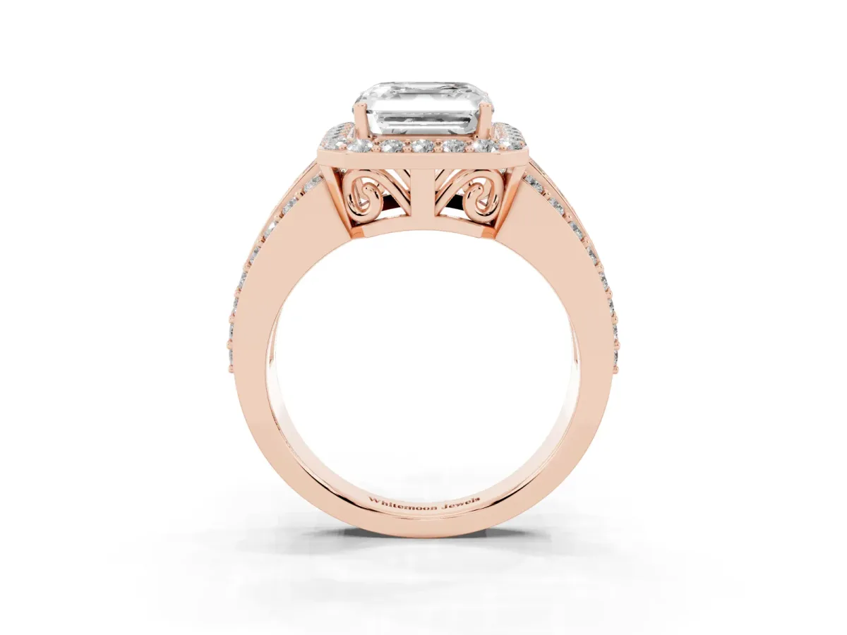 Asscher Cut Halo Diamond Ring with Round Split Shank and Prong Setting Rose gold