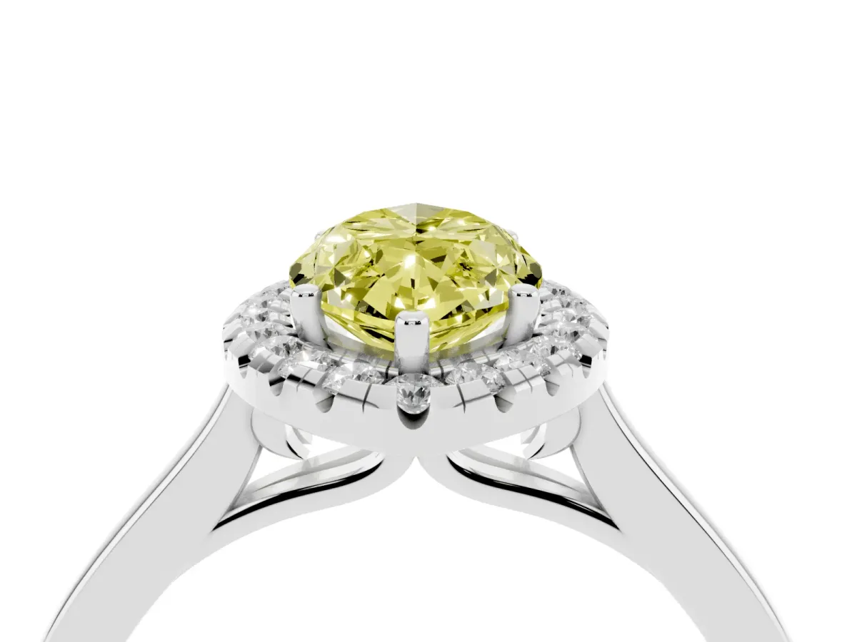 Fancy Yellow Marquise Cut Halo Round Diamond Solitaire Ring with Pavé Band and Four-Prong Setting Silver