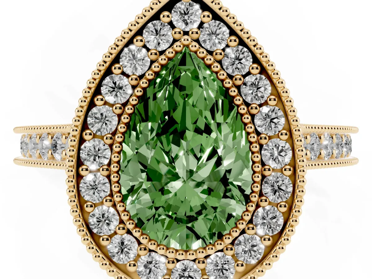 Fancy Green Halo Pear Cut-Cut Diamond Pave Band Milgrain Prong Setting Ring Yellow gold
