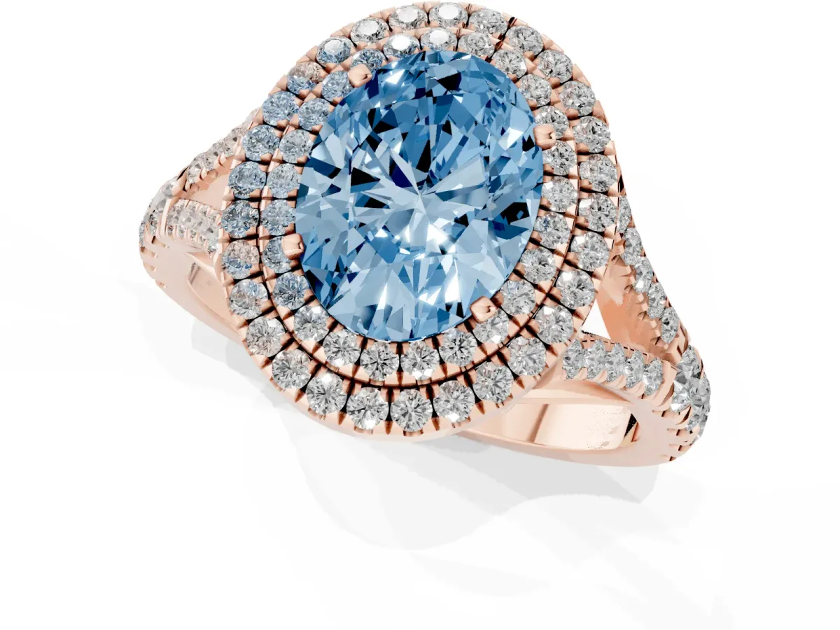 Fancy Blue Oval Cut Cut Double Halo Split Shank Diamond Ring with Prong Setting Rose gold