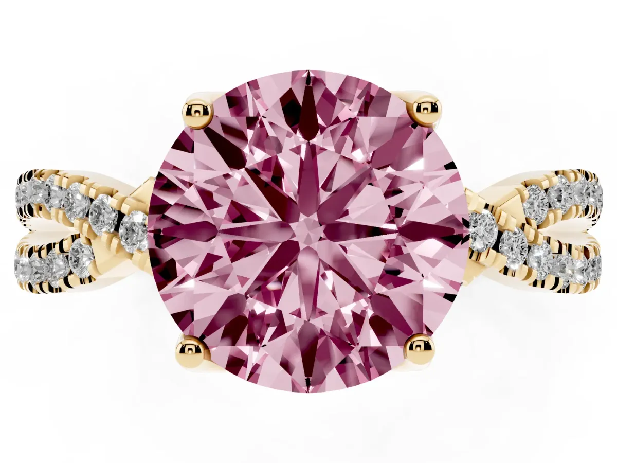 Fancy Pink Round Cut Solitaire Twist Pave Diamond Engagement Ring with Prong Setting Yellow gold