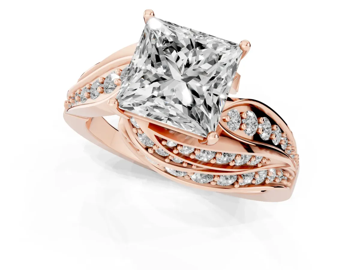 Princess Cut Diamond Solitaire Ring with Prong Setting and Twisted Pavé Band Rose gold