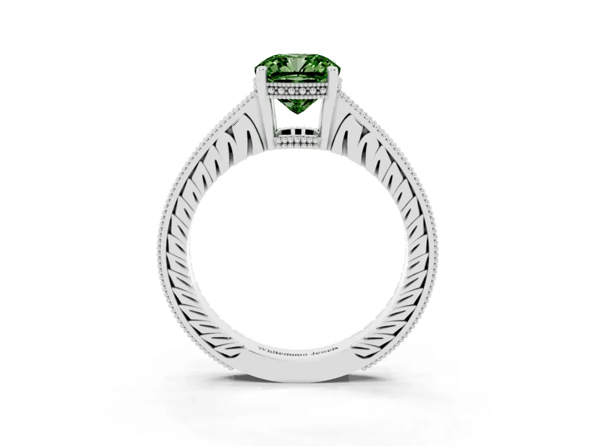 Fancy Green Cushion Cut Solitaire Pavé Diamond Milgrain Engagement Ring with Four-Prong Setting Silver