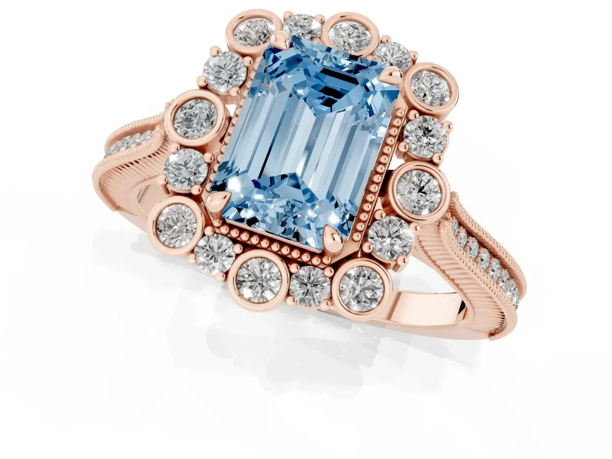 Fancy Blue Emerald Cut Halo Milgrain Pave Diamond Ring with Four-Prong Setting Rose gold