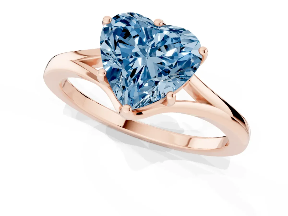 Fancy Blue Heart Cut Solitaire Diamond Ring with Six-Prong Setting and Tapered Band Rose gold