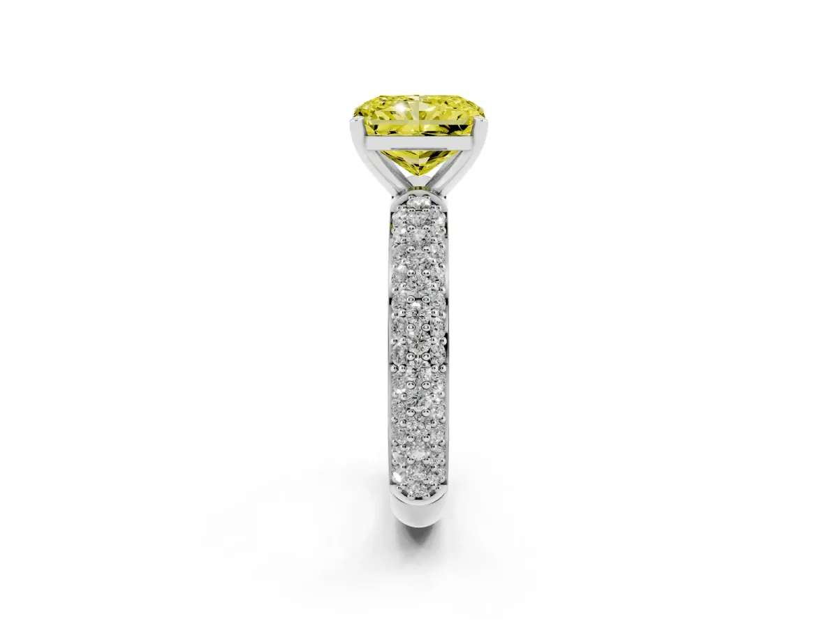 Fancy Yellow Radiant Cut Diamond Solitaire Ring with Prong Setting and Pavé Band Silver