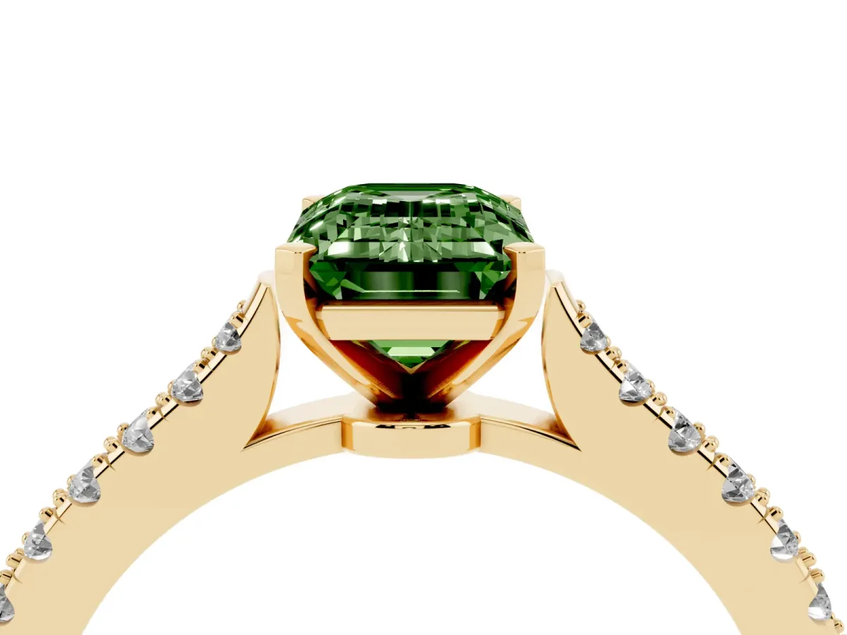 Fancy Green Emerald Cut Cut Solitaire Diamond Engagement Ring with Pave Band and Four-Prong Setting Yellow gold
