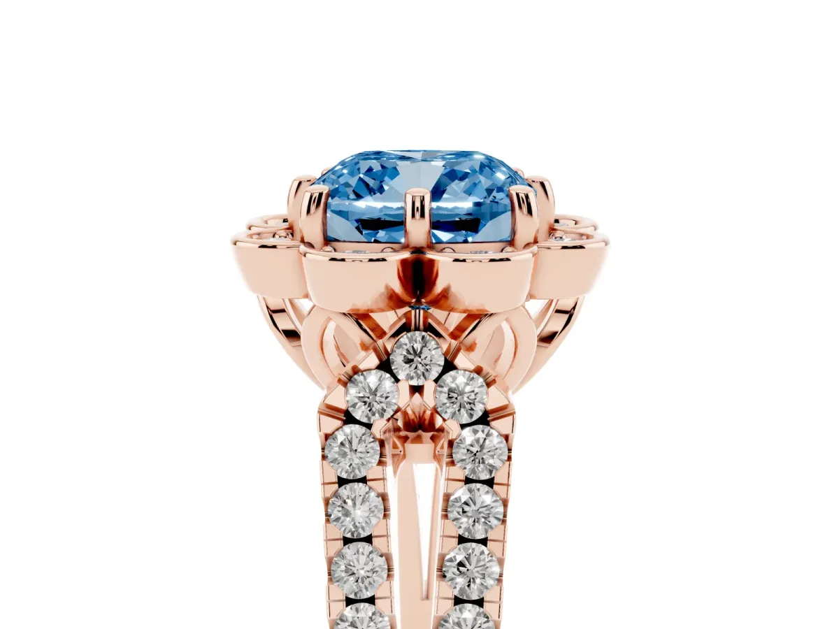 Fancy Blue Cushion Cut Halo Diamond Floral Split Shank Engagement Ring Rose gold
