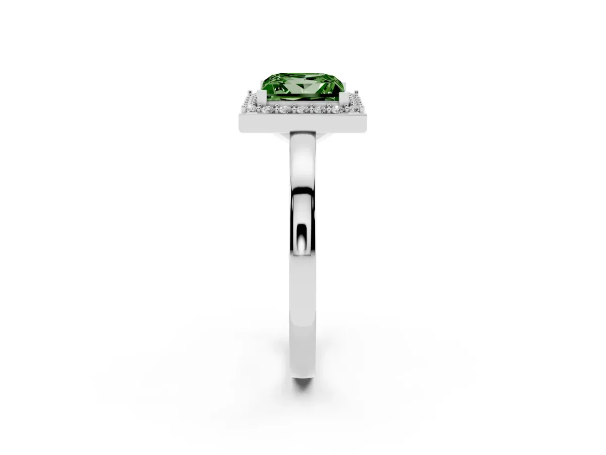 Fancy Green Princess Cut Halo Diamond Ring with Solitaire Band and Prong Setting Silver