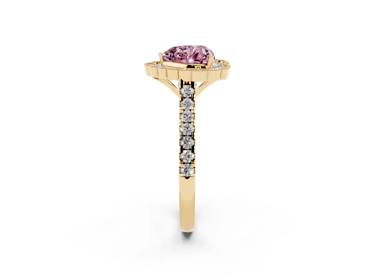 Fancy Pink Heart Cut Cut Diamond Milgrain Floral Halo Engagement Ring with Pavé Band Yellow gold