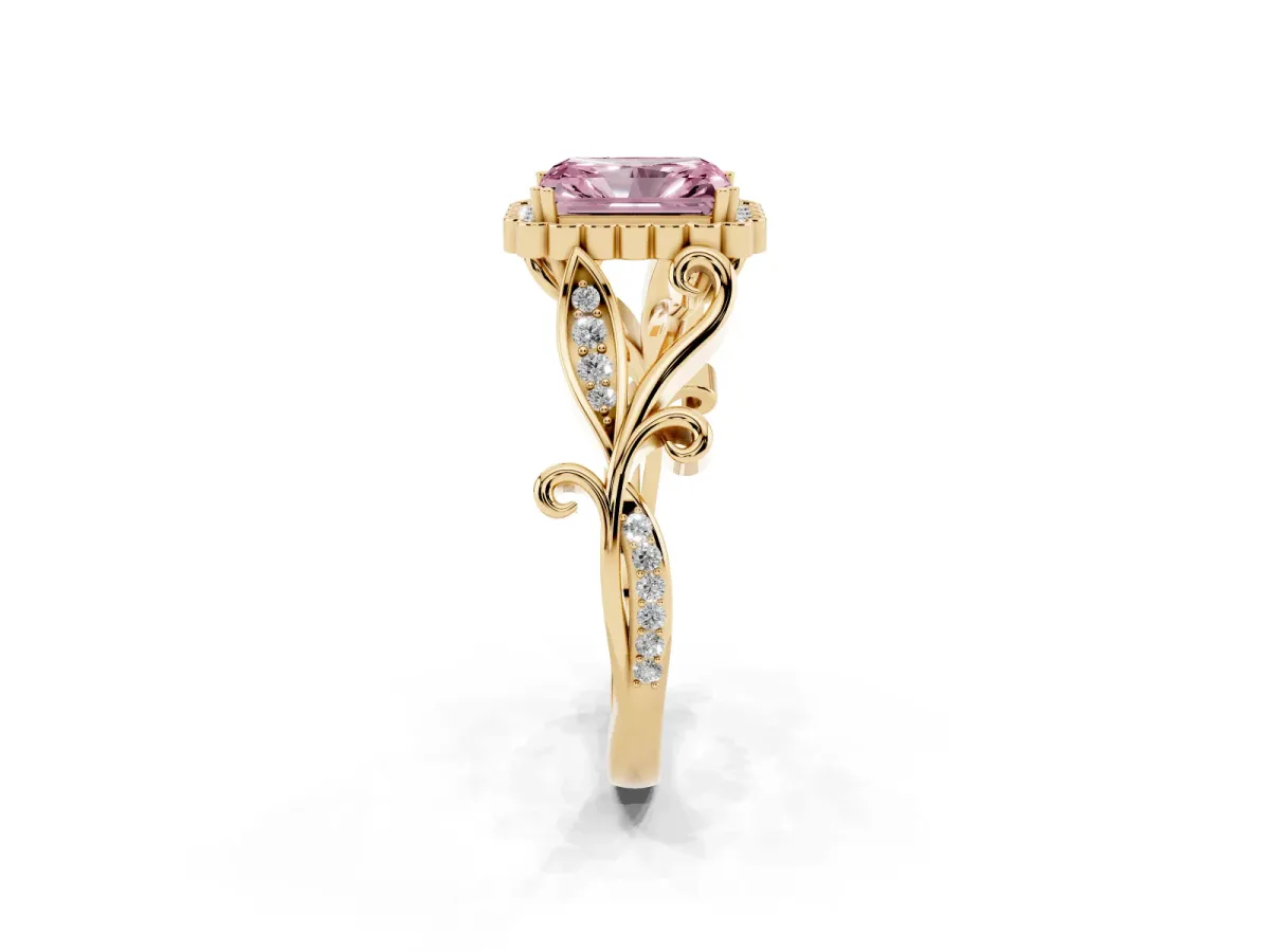 Fancy Pink Radiant Cut Diamond Halo Ring with Vintage Split Shank and Four-Prong Setting Yellow gold