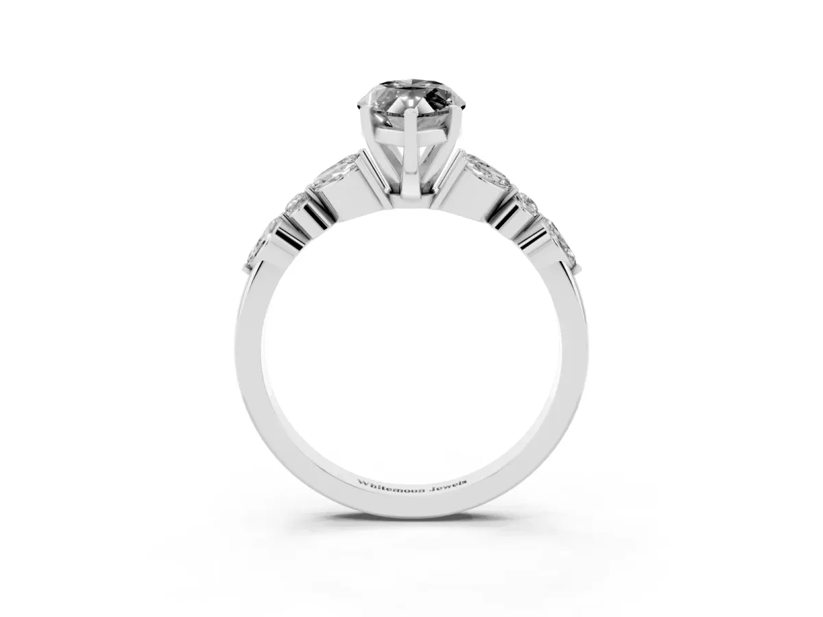 Fancy Black Marquise Cut Diamond Solitaire Ring with Side Stones and Four-Prong Setting Silver