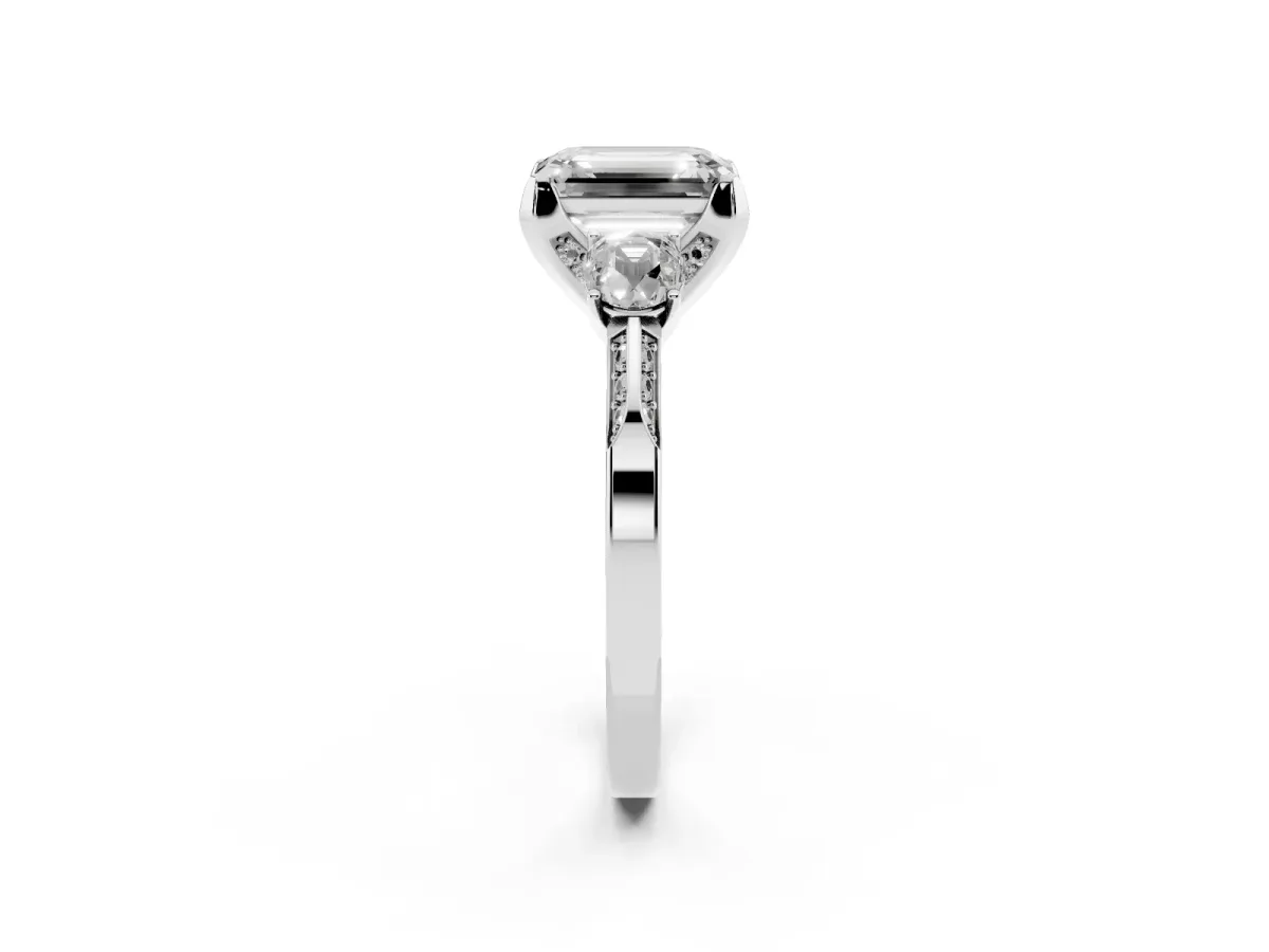Fancy Yellow Emerald Cut Brilliant Three-Stone Diamond Ring with Pavé Band and Four-Prong Setting Platinum
