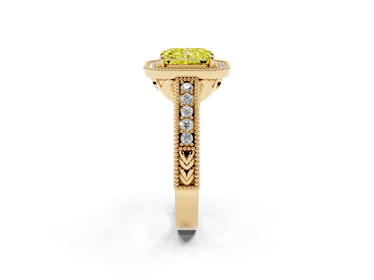 Fancy Yellow Radiant Cut Cut Halo Diamond Ring with Pavé Band and Four-Prong Setting Yellow gold