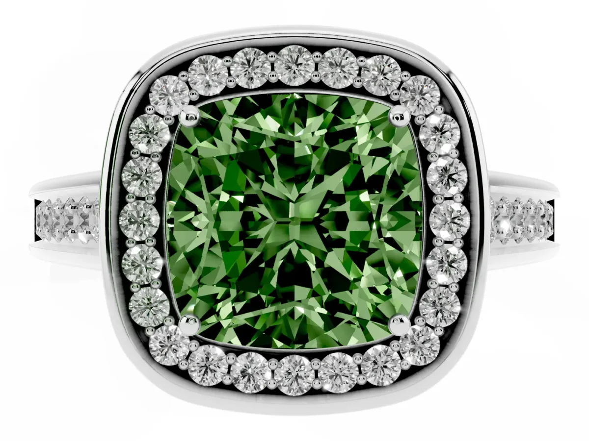 Fancy Green Cushion Cut Halo Solitaire Diamond Ring with Pave Band and Bezel Setting Platinum